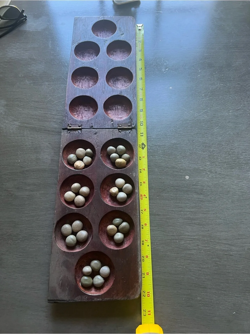 Vintage Hand Carved Wood Oware Mancala Board Game Folding Box W/ Bonduc Seeds